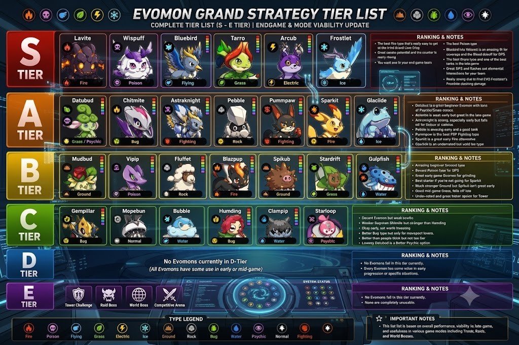 Evomon Grand Strategy Tier List — complete S to E rankings, July 2026
